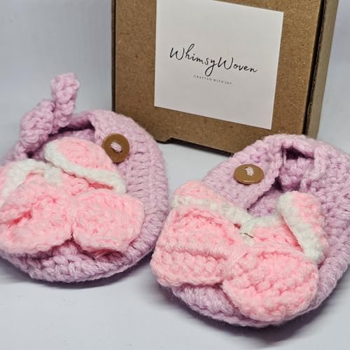 WhimsyWoven Handmade Crochet Baby Shoes – Soft Prewalker Shoes for Baby Girls & Boys – 3–12 Month Size – Gender Neutral Gift (Lilac Bunny)