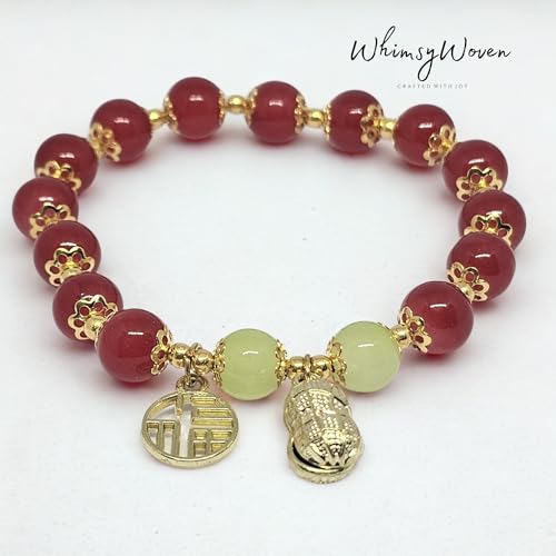 WhimsyWoven Jade-Inspired Bracelet – Peanut Charm Edition Adjustable Unisex Feng Shui Accessory (Red)