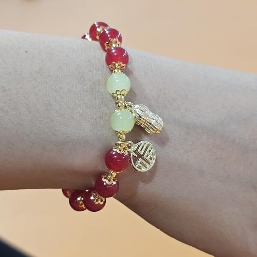 WhimsyWoven Jade-Inspired Bracelet – Peanut Charm Edition Adjustable Unisex Feng Shui Accessory (Red)