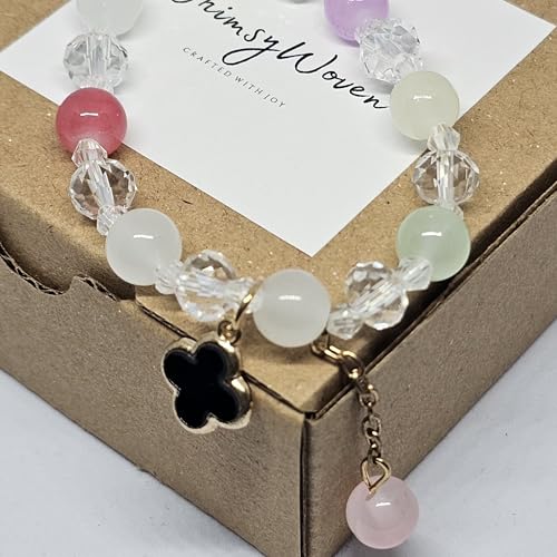 Handmade Beaded Bracelet, Nature-Inspired Jewelry Gift of Luck & Charm (Clover Edition Series) (Black-clover)