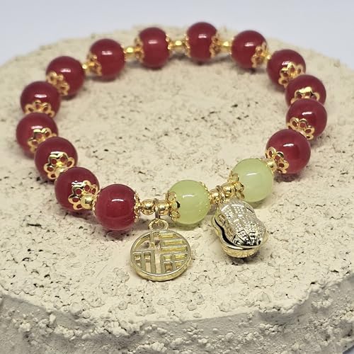 WhimsyWoven Jade-Inspired Bracelet – Peanut Charm Edition Adjustable Unisex Feng Shui Accessory (Red)