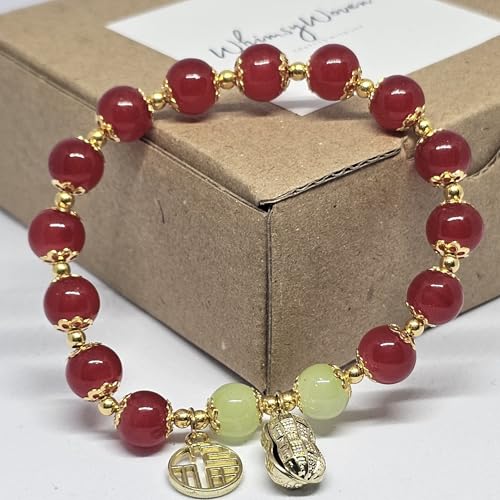 WhimsyWoven Jade-Inspired Bracelet – Peanut Charm Edition Adjustable Unisex Feng Shui Accessory (Red)