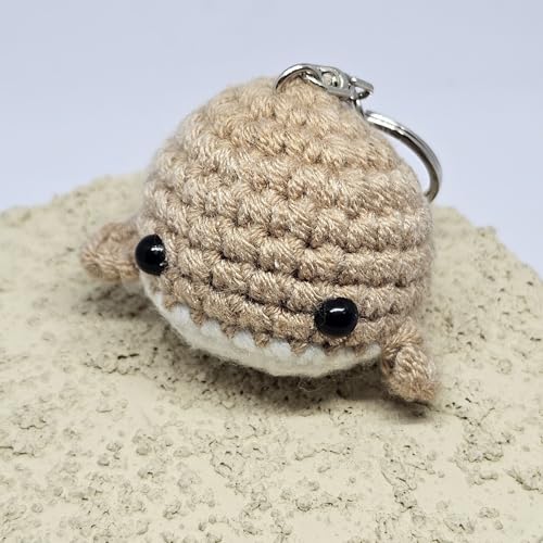 Handmade Crochet Whale Keychain – Soft Plush Knitted Toy for Bags, Gifts & Collectibles (Brown White)
