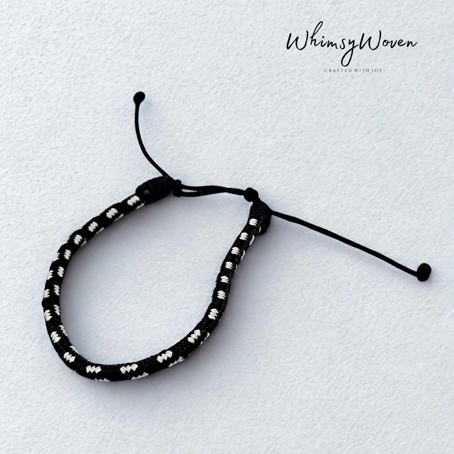 WhimsyWoven Handmade Ethnic Cord Bracelet – Adjustable Unisex Accessory Edition Boho Vibes for Everyday Wear (Black with White Stripe)