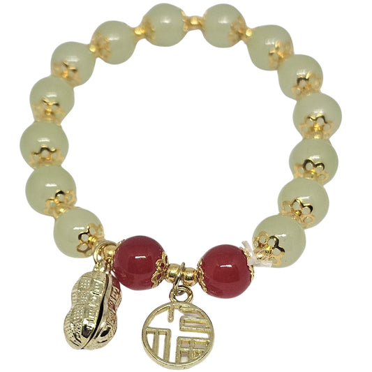WhimsyWoven Jade-Inspired Bracelet – Peanut Charm Edition Adjustable Unisex Feng Shui Accessory (Green)