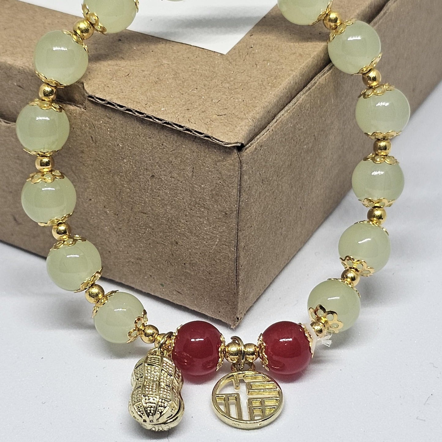 WhimsyWoven Jade-Inspired Bracelet – Peanut Charm Edition Adjustable Unisex Feng Shui Accessory (Green)