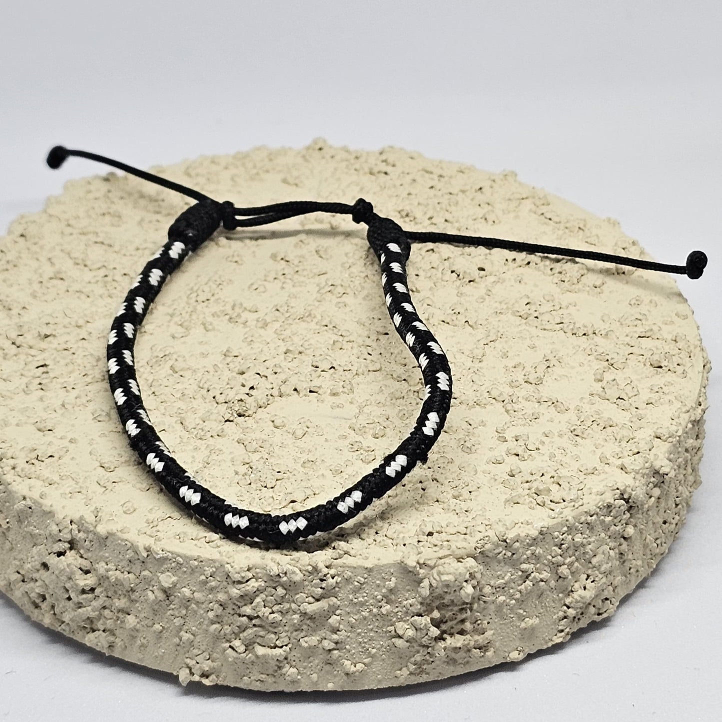 WhimsyWoven Handmade Ethnic Cord Bracelet – Adjustable Unisex Accessory Edition Boho Vibes for Everyday Wear (Black with White Stripe)