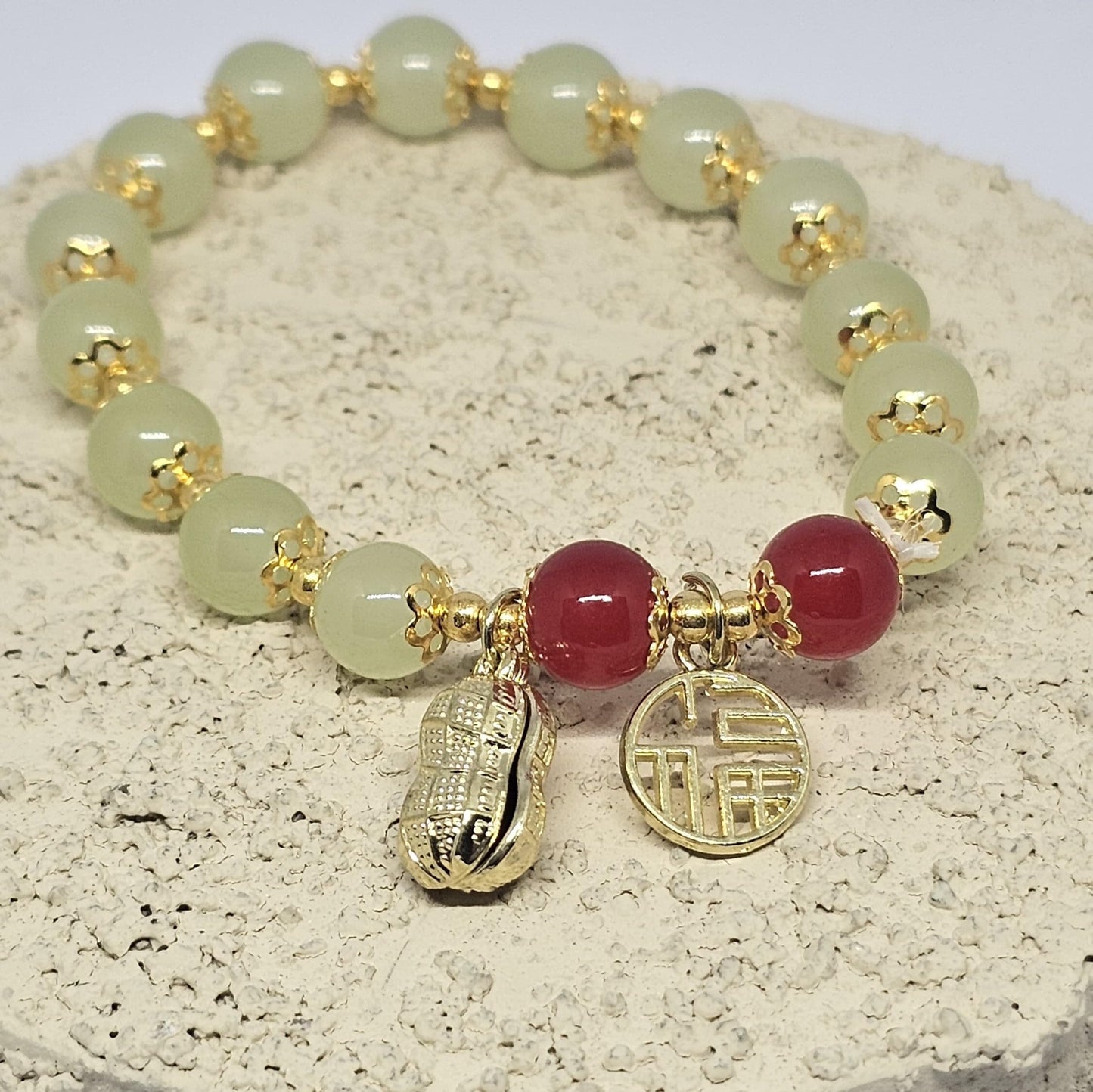 WhimsyWoven Jade-Inspired Bracelet – Peanut Charm Edition Adjustable Unisex Feng Shui Accessory (Green)