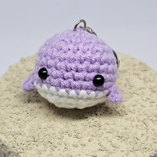 Handmade Crochet Whale Keychain – Soft Plush Knitted Toy for Bags, Gifts & Collectibles (Purple White)