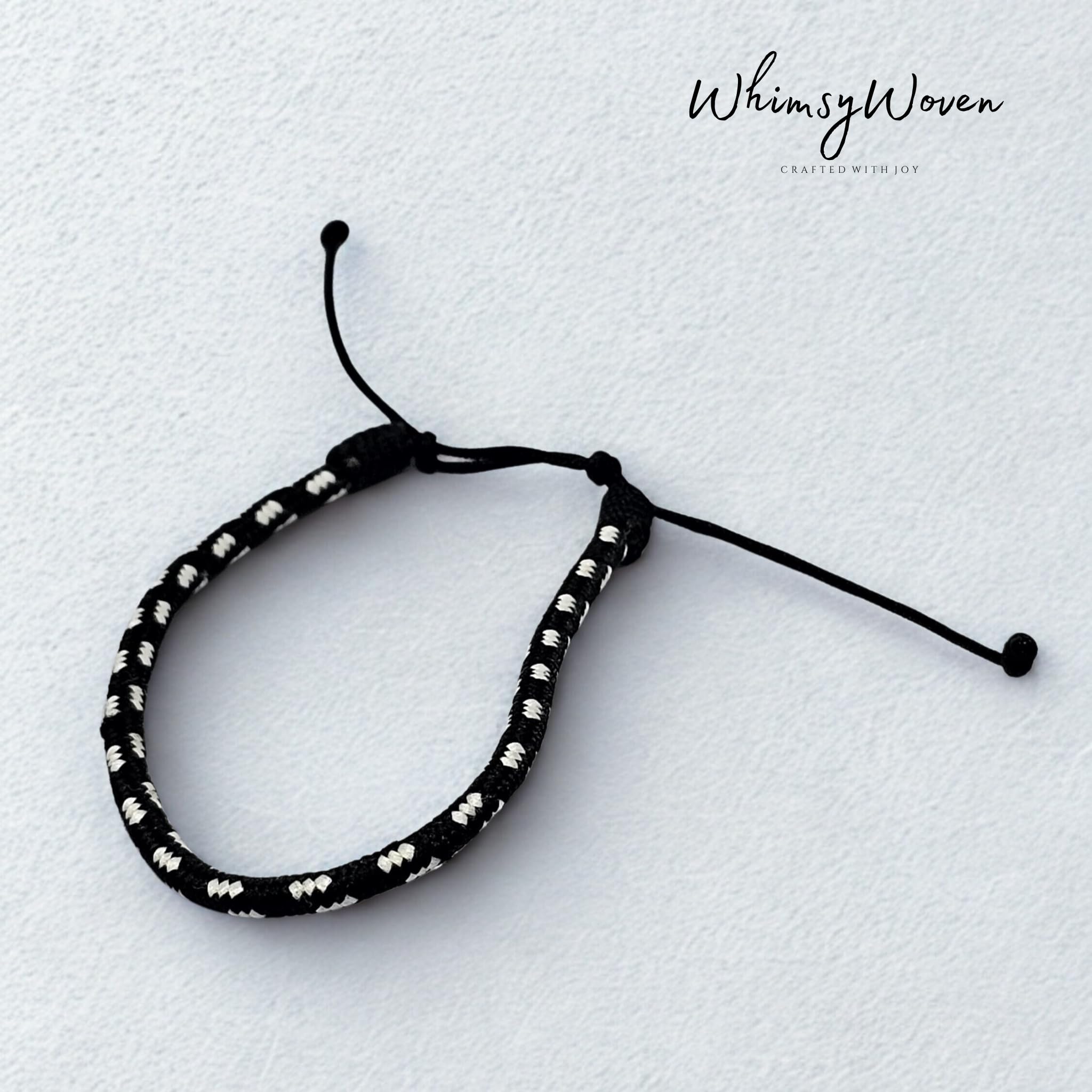 WhimsyWoven Handmade Ethnic Cord Bracelet – Adjustable Unisex Accessory Edition Boho Vibes for Everyday Wear (Black with White Stripe)