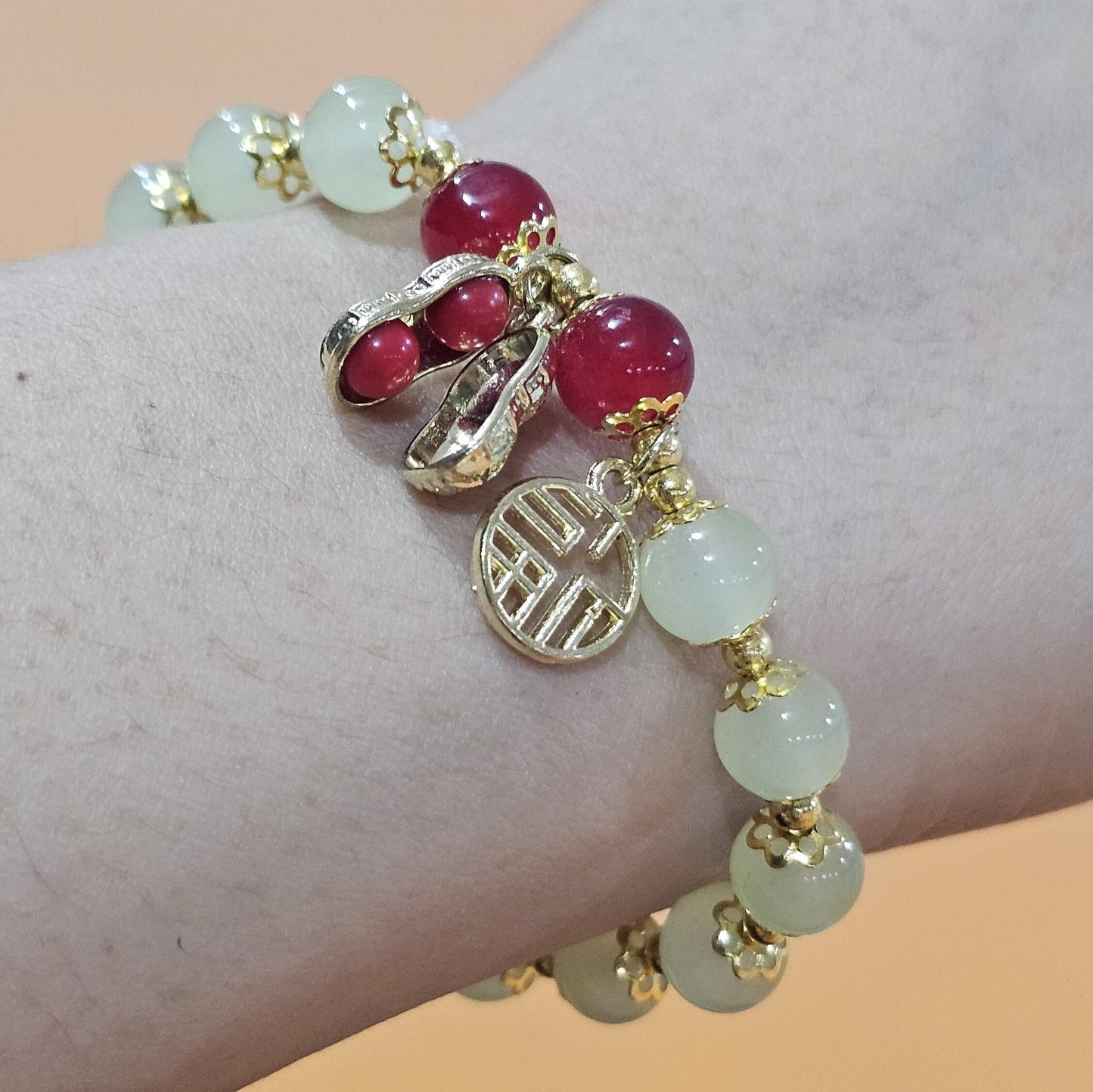 WhimsyWoven Jade-Inspired Bracelet – Peanut Charm Edition Adjustable Unisex Feng Shui Accessory (Green)