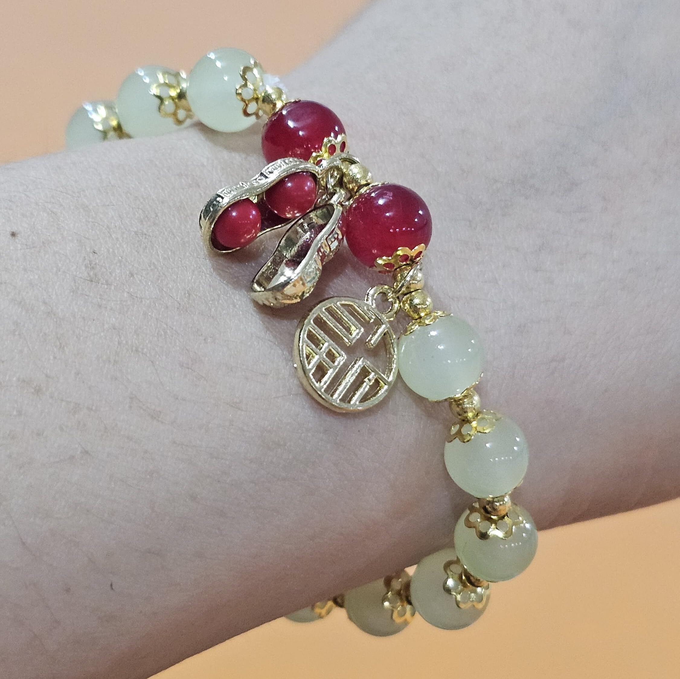 WhimsyWoven Jade-Inspired Bracelet – Peanut Charm Edition Adjustable Unisex Feng Shui Accessory (Green)