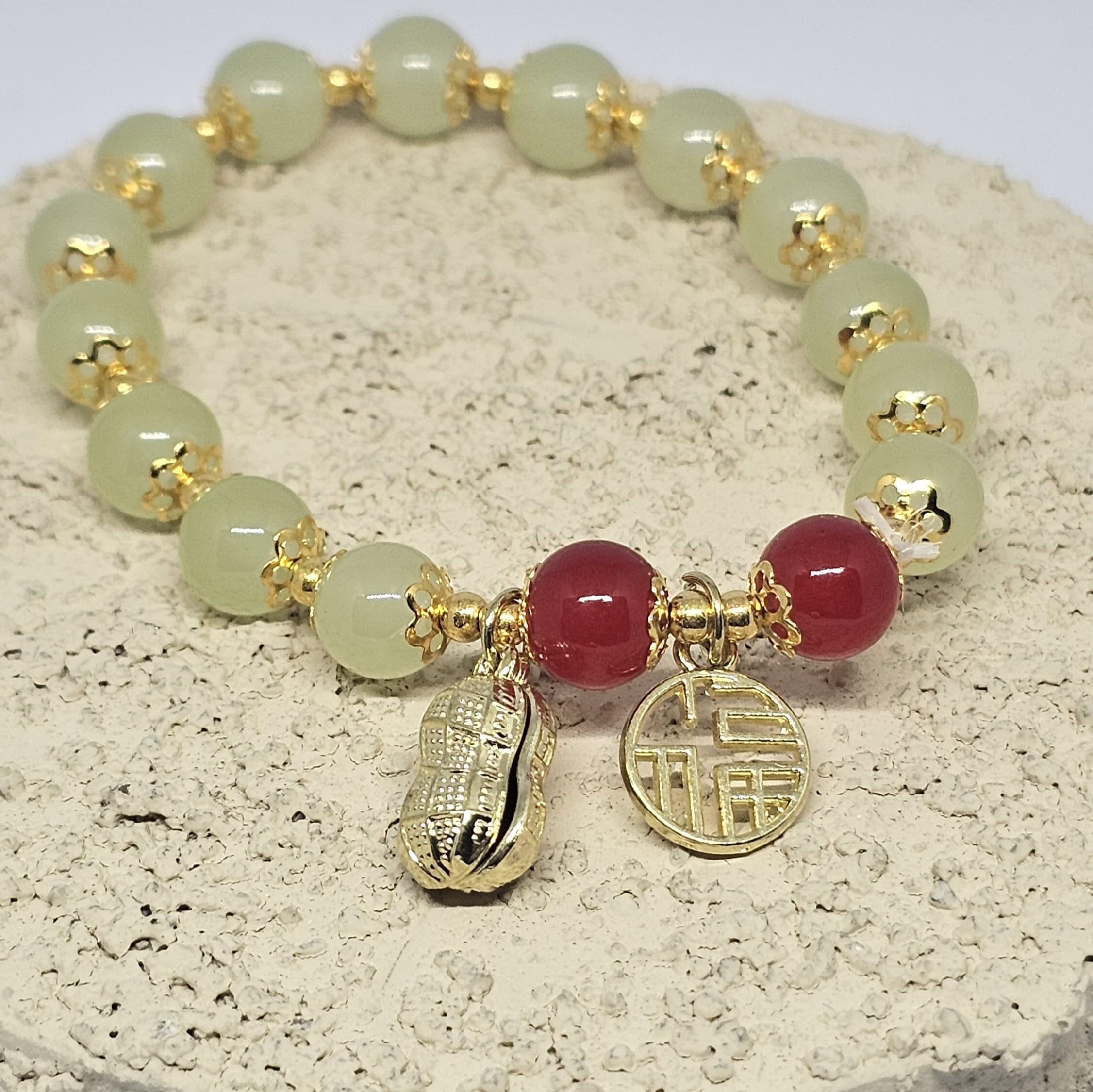WhimsyWoven Jade-Inspired Bracelet – Peanut Charm Edition Adjustable Unisex Feng Shui Accessory (Green)