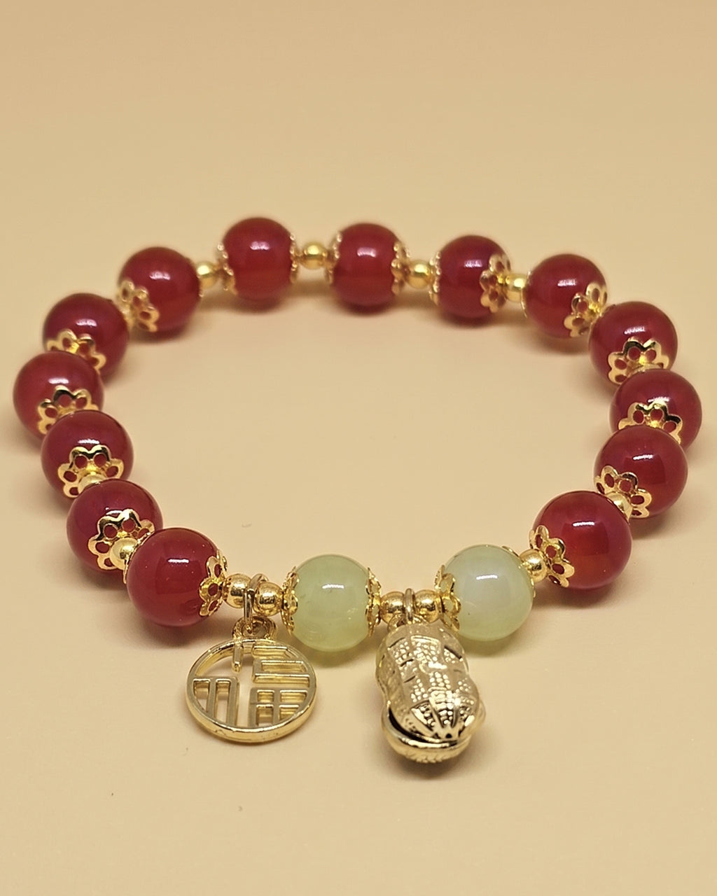 WhimsyWoven Jade-Inspired Bracelet – Peanut Charm Edition Adjustable Unisex Feng Shui Accessory (Red)