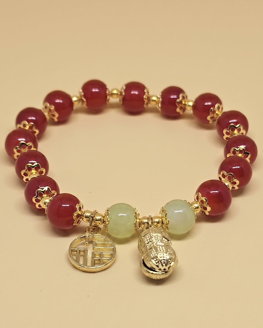 WhimsyWoven Jade-Inspired Bracelet – Peanut Charm Edition Adjustable Unisex Feng Shui Accessory (Red)