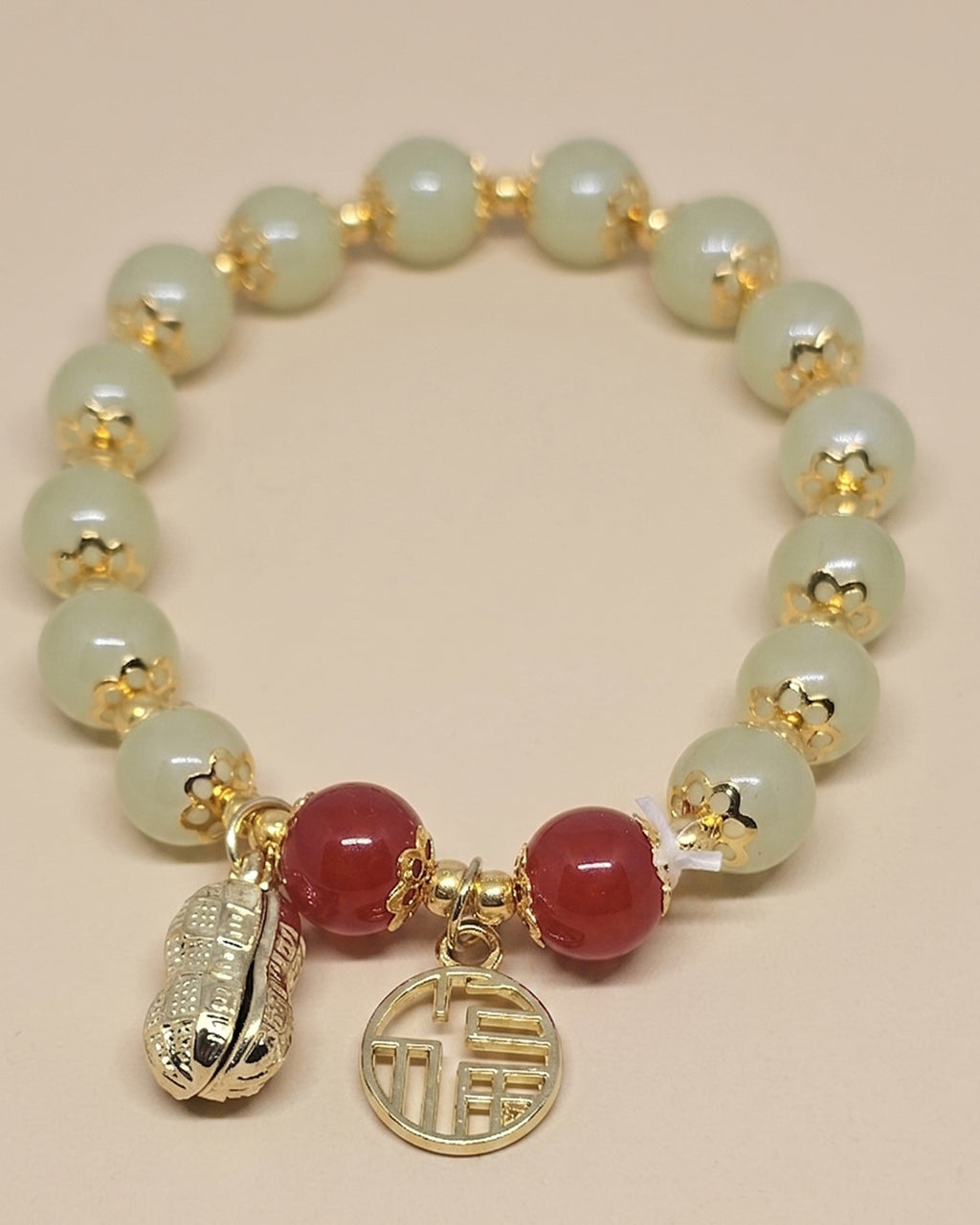 WhimsyWoven Jade-Inspired Bracelet – Peanut Charm Edition Adjustable Unisex Feng Shui Accessory (Green)
