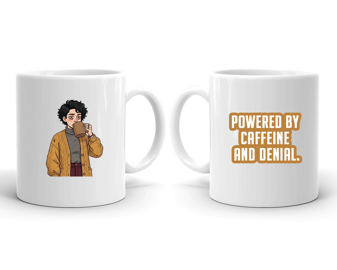 Sarcastic Mug – Powered by Caffeine and Denial | WhimsyWoven