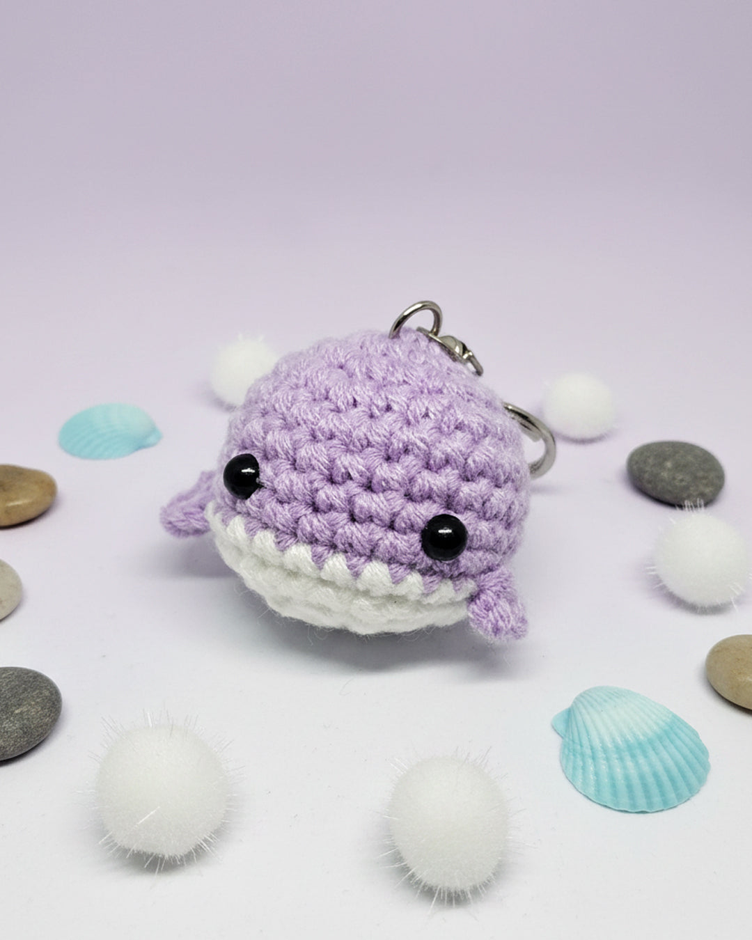 Handmade Crochet Whale Keychain – Soft Plush Knitted Toy for Bags, Gifts & Collectibles (Purple White)